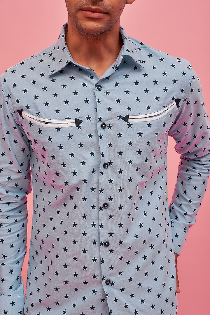 Blue Cotton Printed Summer Shirt by POUR LUI at Pernia's Pop Up Shop