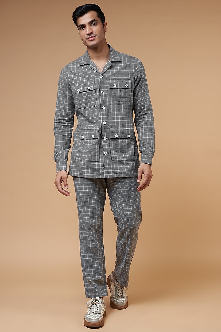 Grey Cotton Checkered Co-Ord Set by POUR LUI