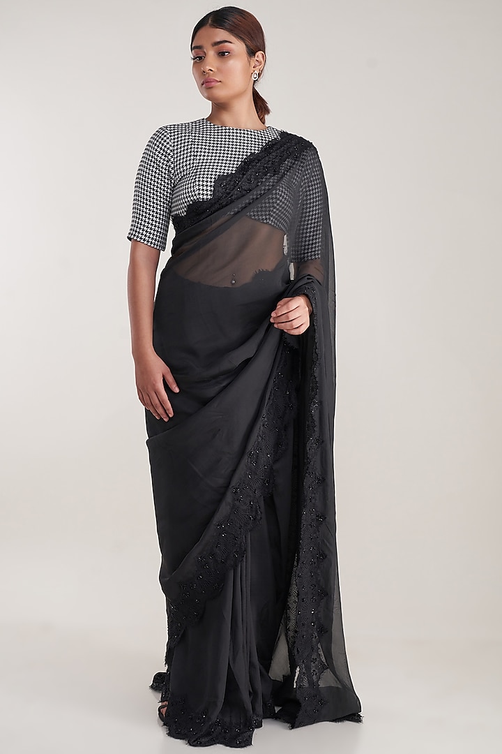 Black Pure Organza Embroidered Saree Set by Pooja Bagaria