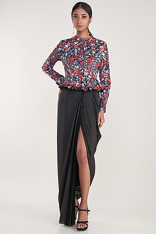 Black Pure Natural Crepe Draped Skirt Set by Pooja Bagaria
