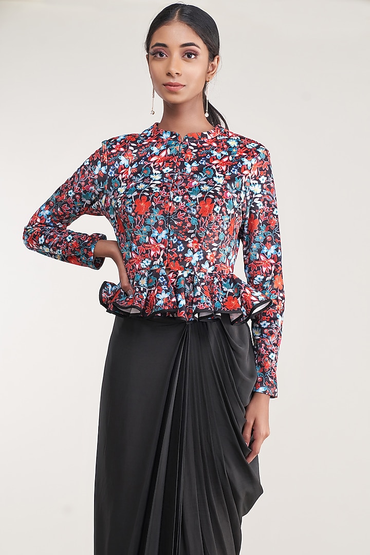 Black Pure Natural Crepe Draped Skirt Set by Pooja Bagaria at Pernia's Pop Up Shop