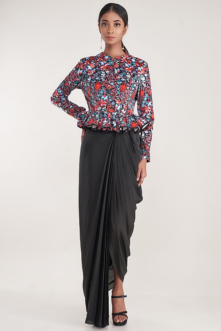 Black Pure Natural Crepe Draped Skirt Set by Pooja Bagaria at Pernia's Pop Up Shop