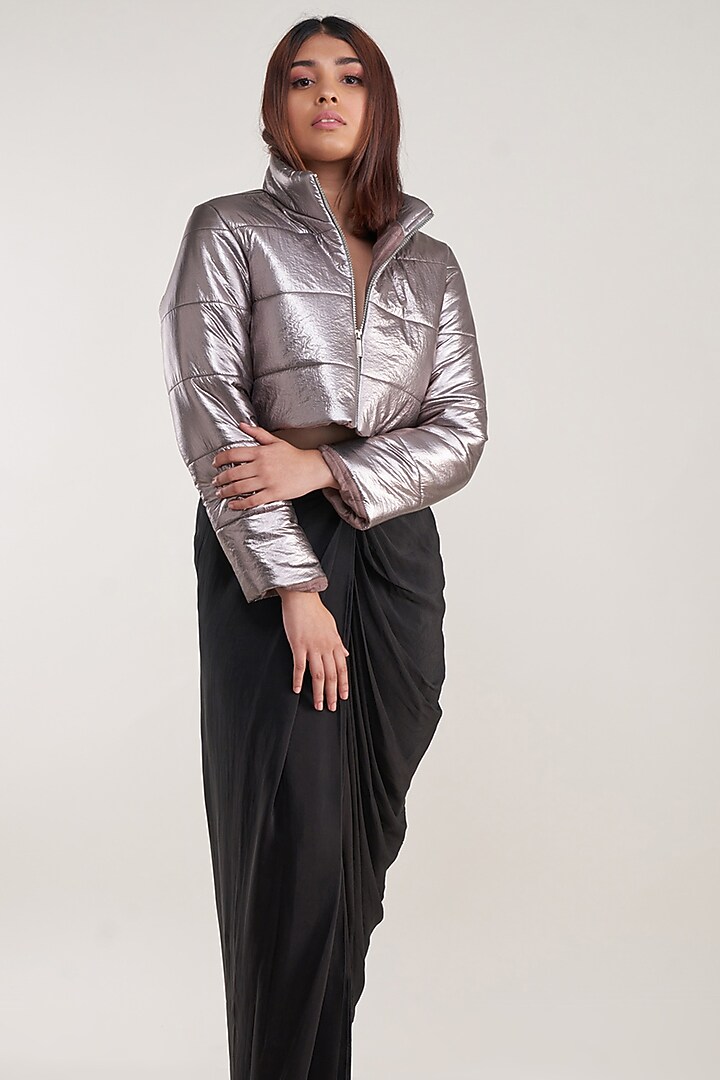 Grey Tafetta Puffer Jacket by Pooja Bagaria at Pernia's Pop Up Shop