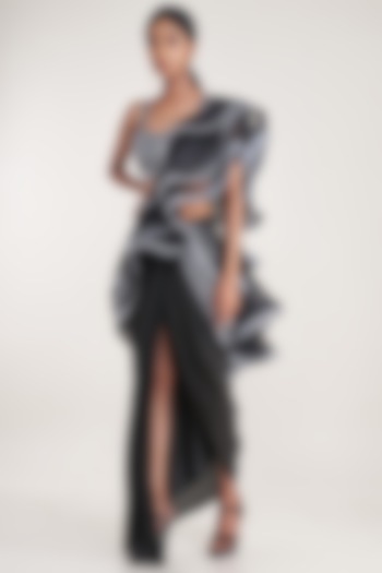 Black Pure Natural Crepe Ruffled Party Wear Saree Set by Pooja Bagaria at Pernia's Pop Up Shop