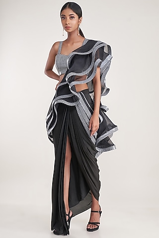 Black Pure Natural Crepe Ruffled Saree Set by Pooja Bagaria