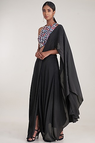 Black Pure Natural Crepe Pre-Stitched Dhoti Saree Set by Pooja Bagaria
