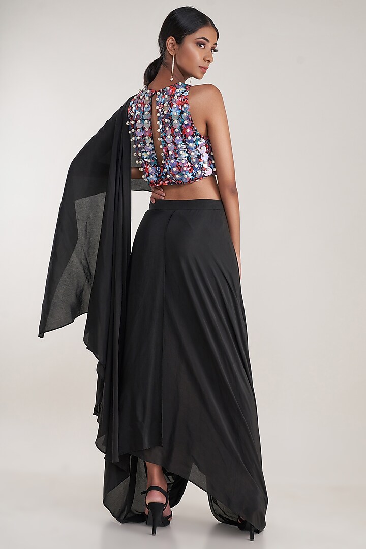 Black Pure Natural Crepe Pre-Stitched Dhoti Party Wear Saree Set by Pooja Bagaria at Pernia's Pop Up Shop