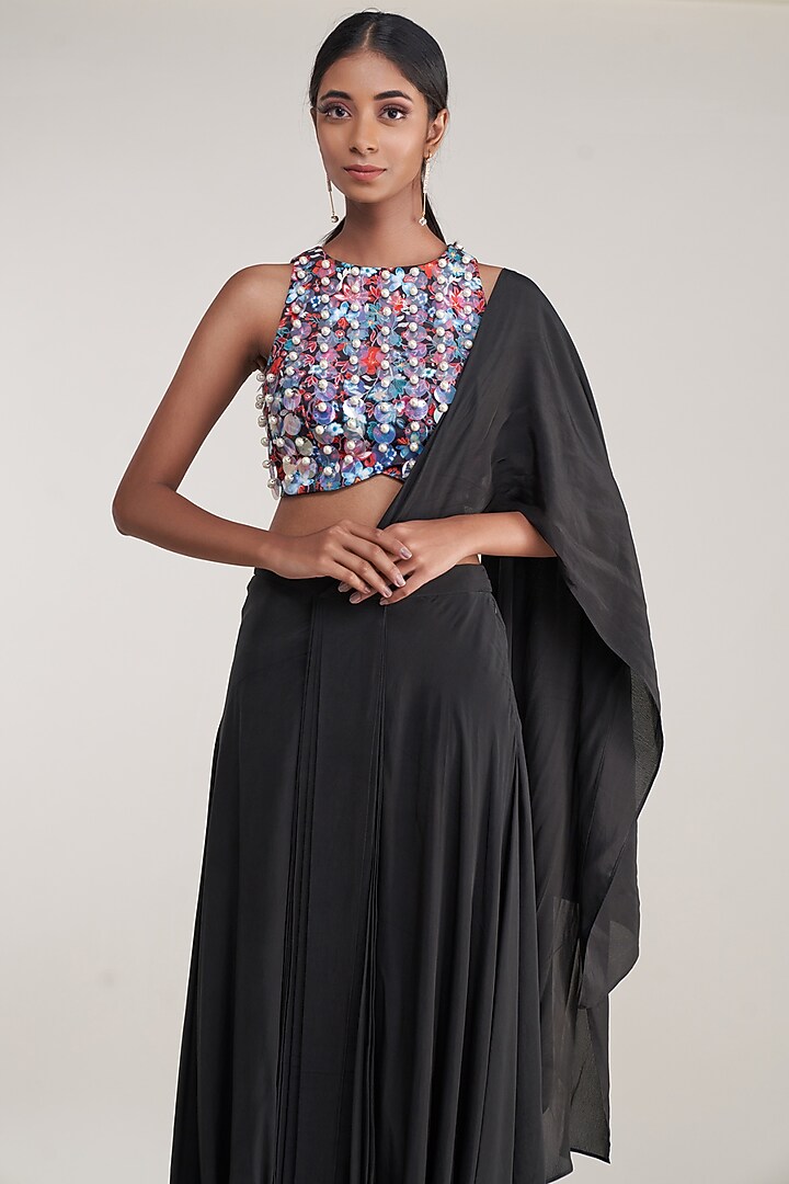 Black Pure Natural Crepe Pre-Stitched Dhoti Party Wear Saree Set by Pooja Bagaria at Pernia's Pop Up Shop
