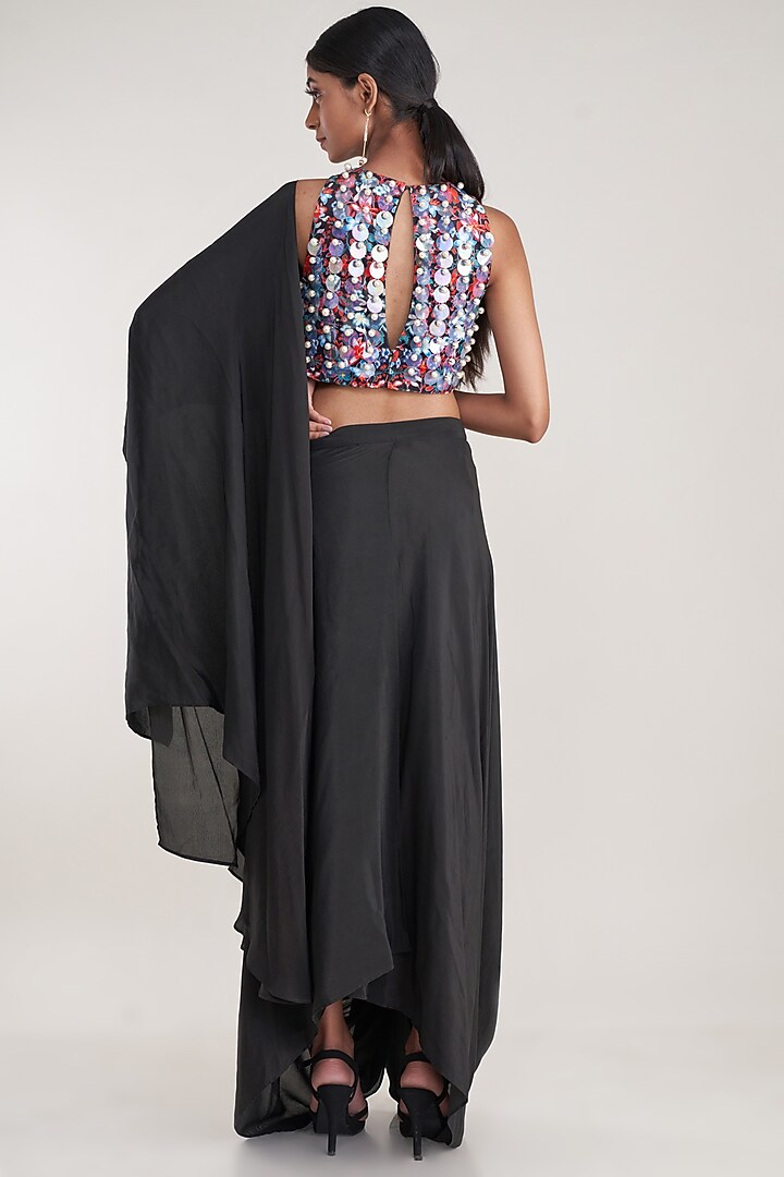 Black Pure Natural Crepe Pre-Stitched Dhoti Party Wear Saree Set by Pooja Bagaria at Pernia's Pop Up Shop