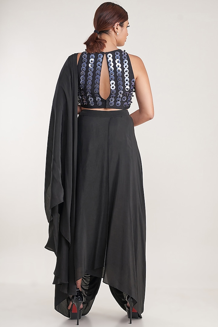 Black Pure Natural Crepe Pre-Stitched Dhoti Party Wear Saree Set by Pooja Bagaria at Pernia's Pop Up Shop