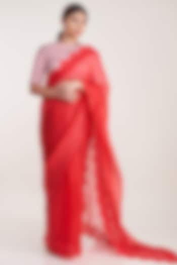 Red Pure Silk Organza Embroidered Saree Set by Pooja Bagaria