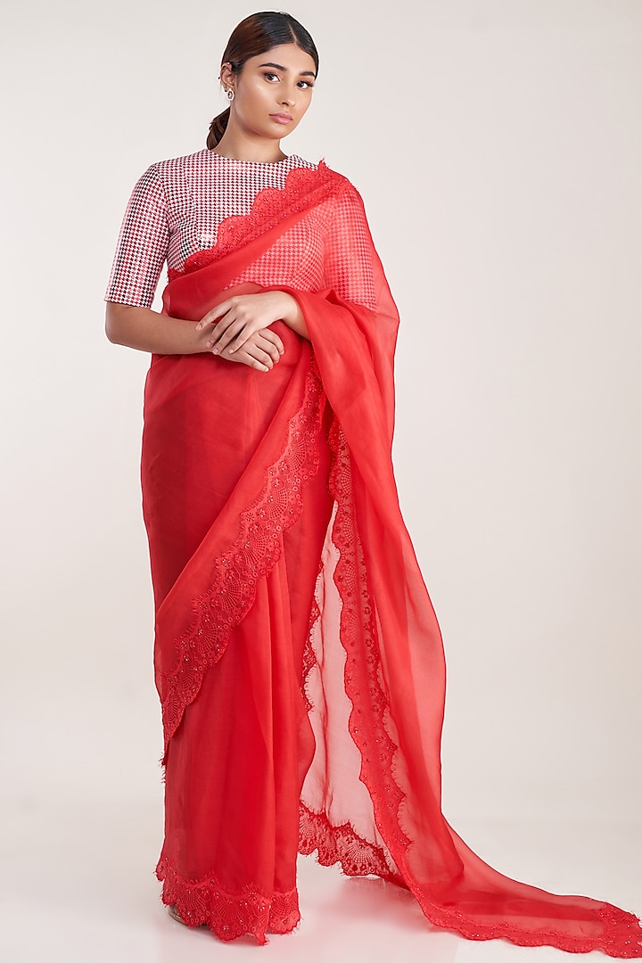 Red Pure Silk Organza Embroidered Saree Set by Pooja Bagaria