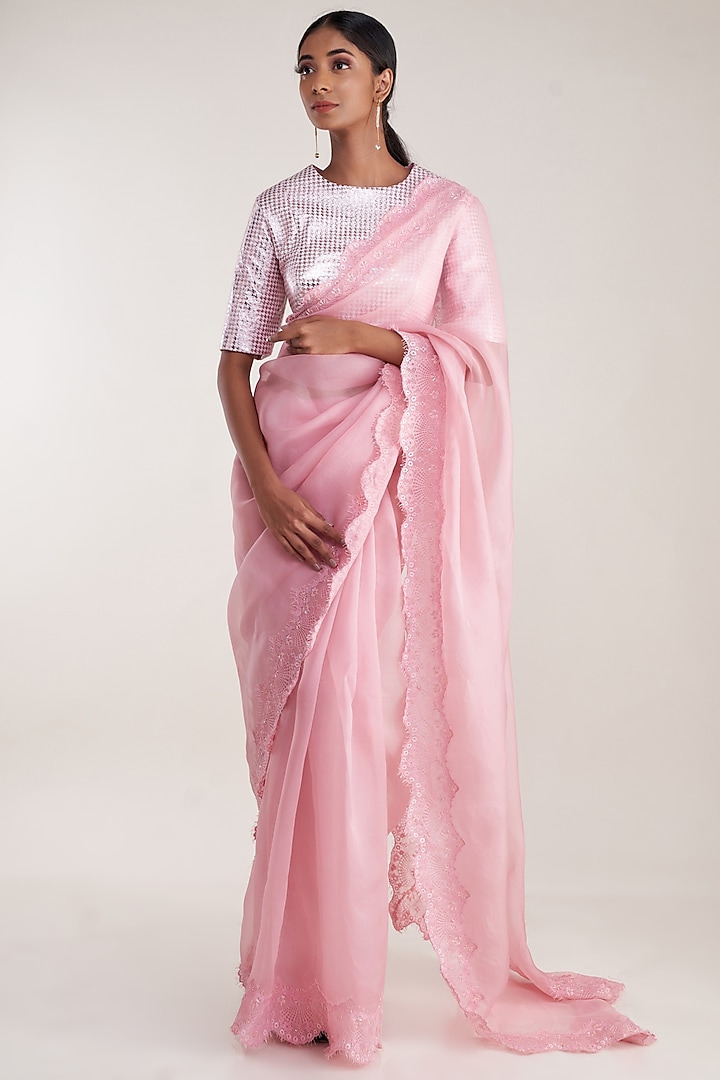 Pink Pure Silk Organza Embroidered Saree Set by Pooja Bagaria