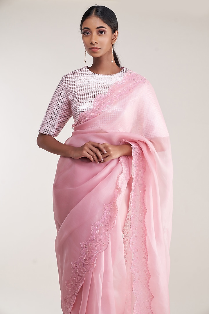 Pink Pure Silk Organza Embroidered Party Wear Saree Set by Pooja Bagaria at Pernia's Pop Up Shop