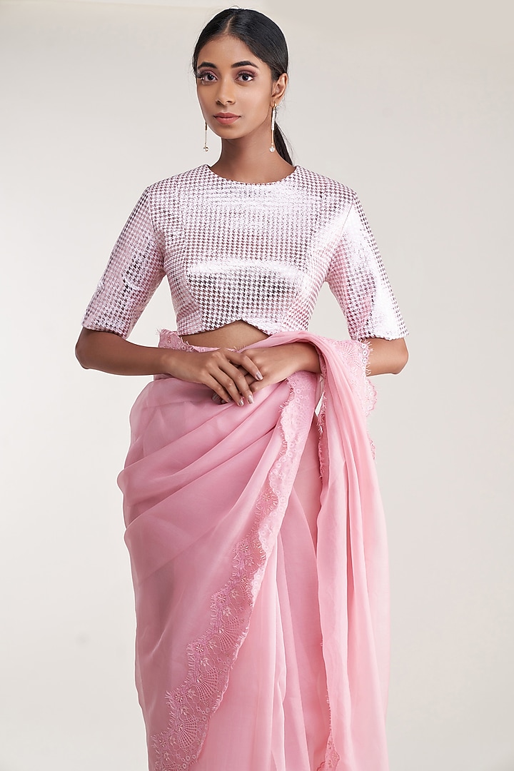 Pink Pure Silk Organza Embroidered Party Wear Saree Set by Pooja Bagaria at Pernia's Pop Up Shop