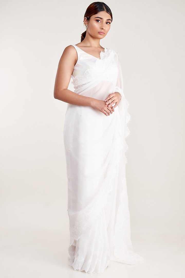 White Pure Silk Organza Embroidered Saree Set by Pooja Bagaria