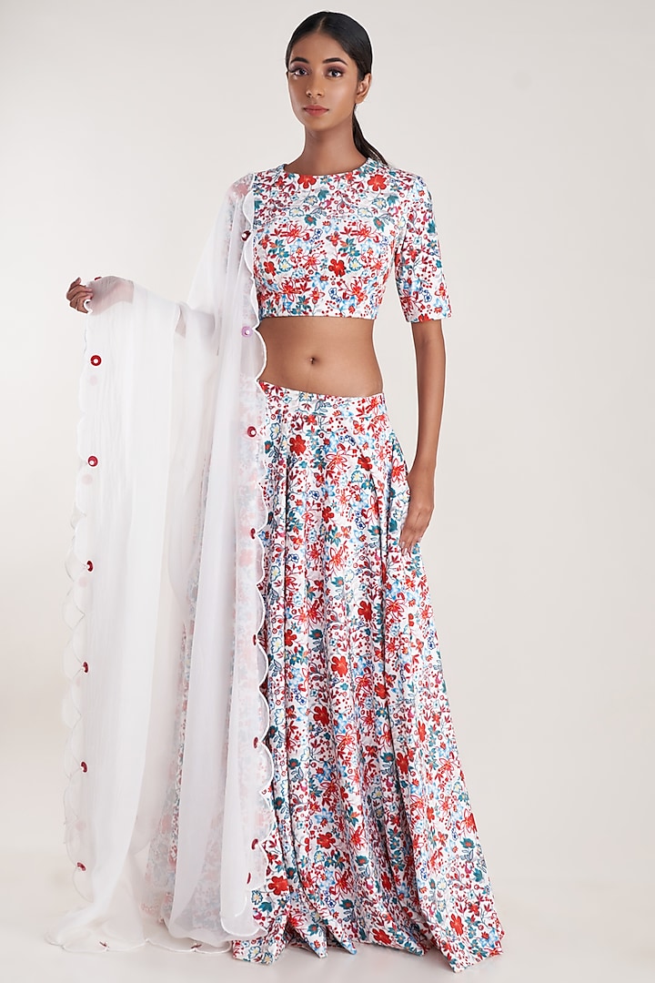 White Velvet Printed Lehenga Set by Pooja Bagaria