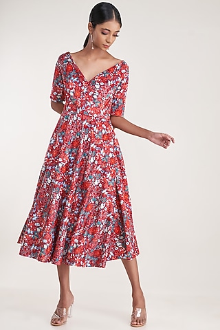 Red Velvet Floral Printed Wrap Dress by Pooja Bagaria
