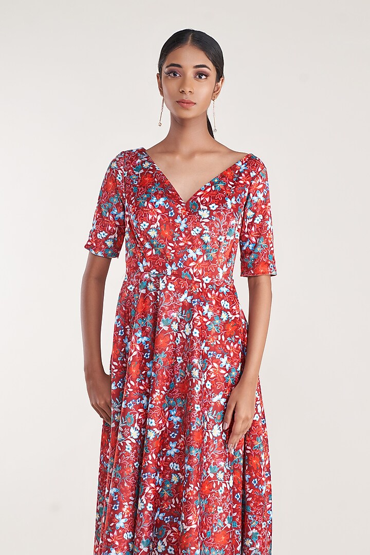 Red Velvet Floral Printed Wrap Summer Dress by Pooja Bagaria at Pernia's Pop Up Shop