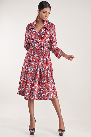 Red Vegan Silk Suede Printed Trench Coat by Pooja Bagaria