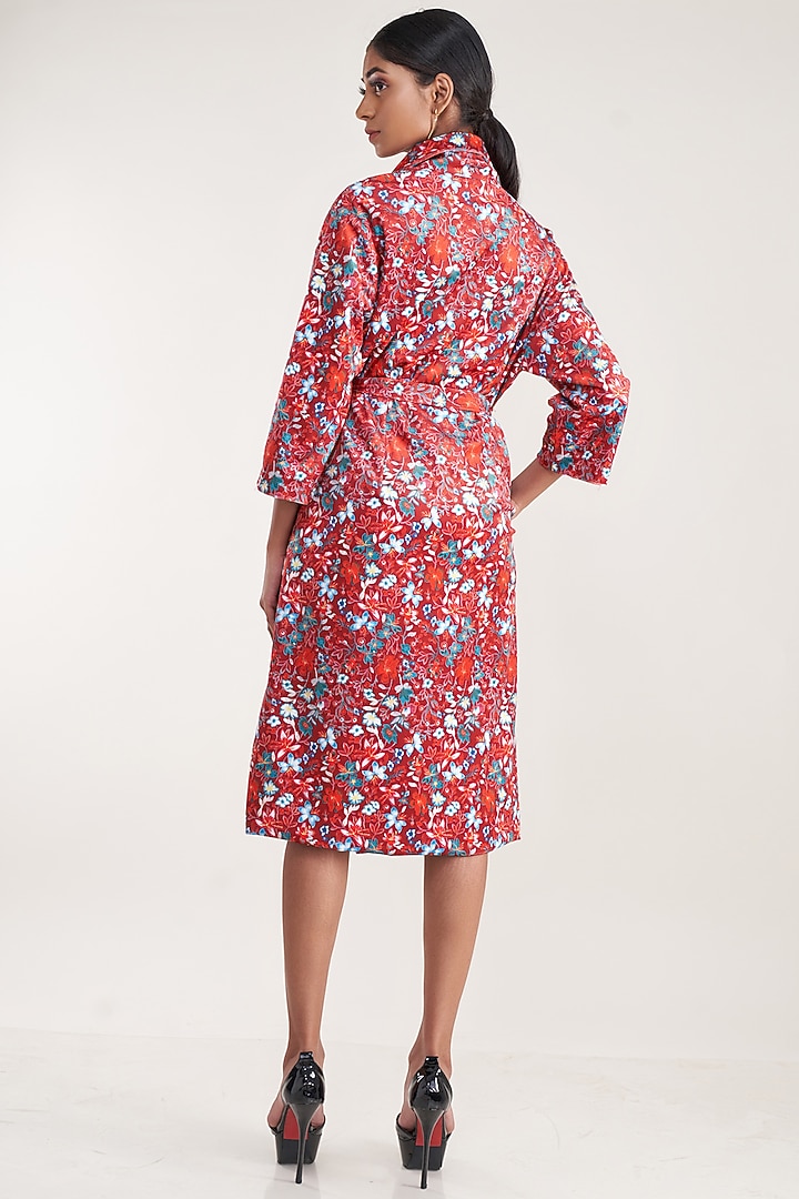 Red Vegan Silk Suede Printed Trench Coat by Pooja Bagaria at Pernia's Pop Up Shop