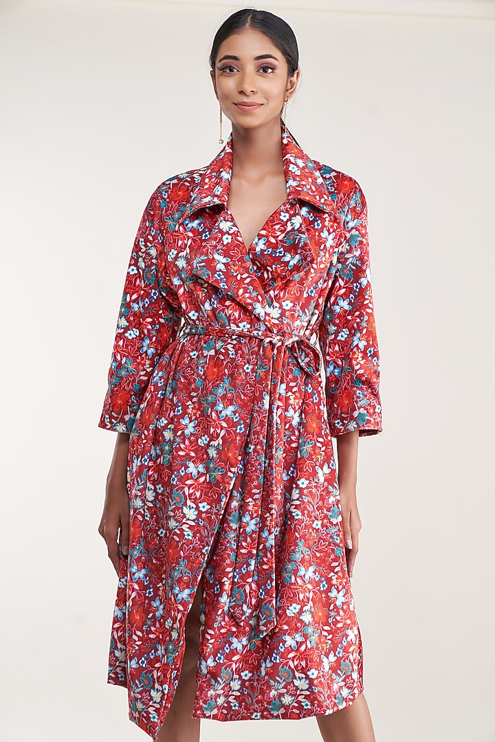 Red Vegan Silk Suede Printed Trench Coat by Pooja Bagaria at Pernia's Pop Up Shop