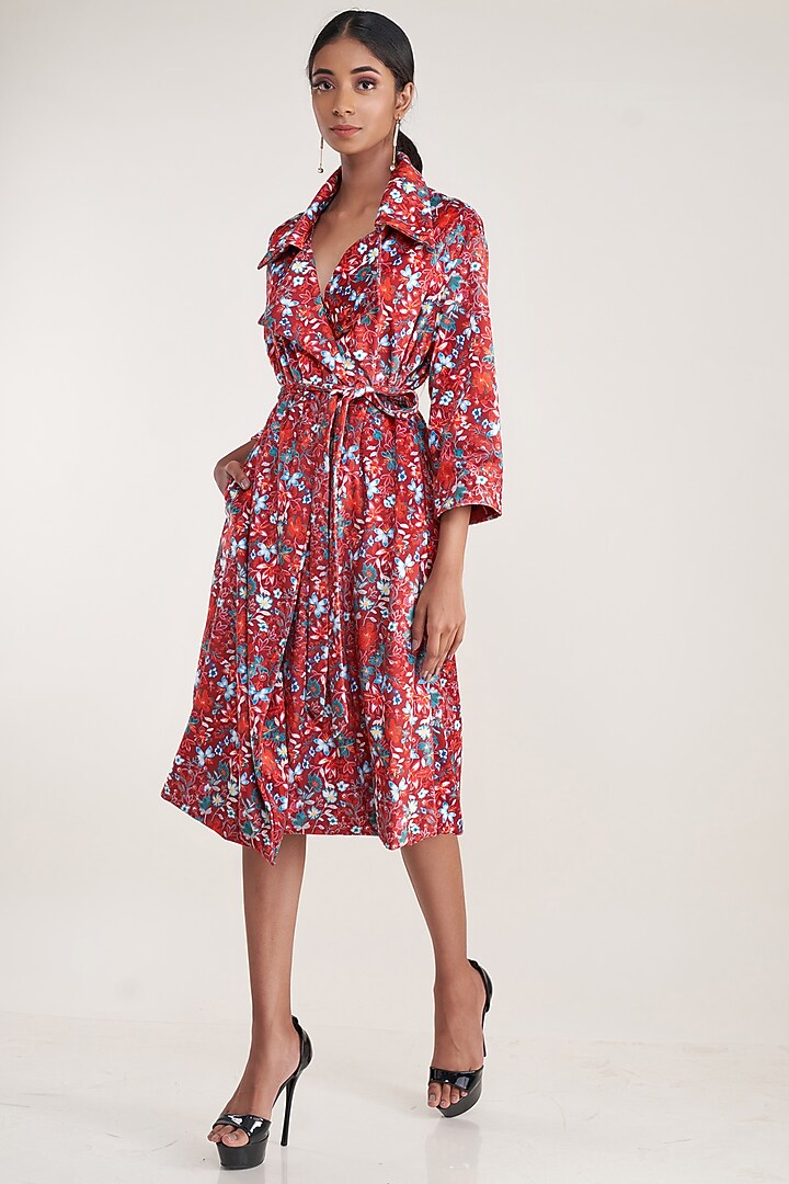Red Vegan Silk Suede Printed Trench Coat by Pooja Bagaria at Pernia's Pop Up Shop