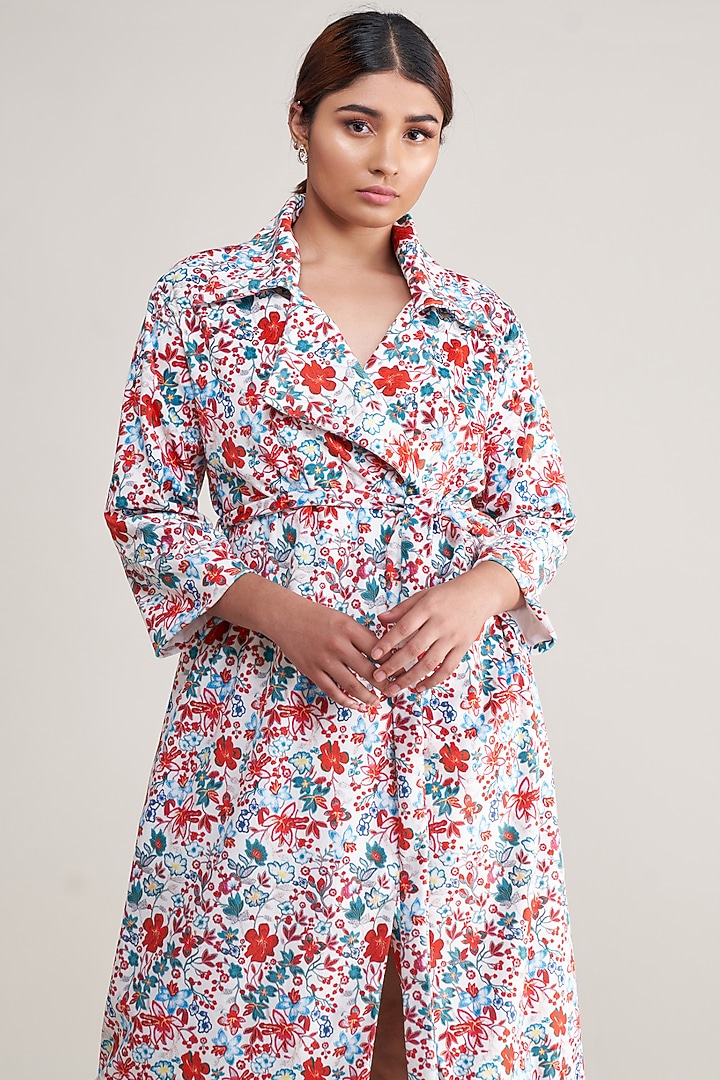White Vegan Silk Suede Printed Trench Coat by Pooja Bagaria at Pernia's Pop Up Shop