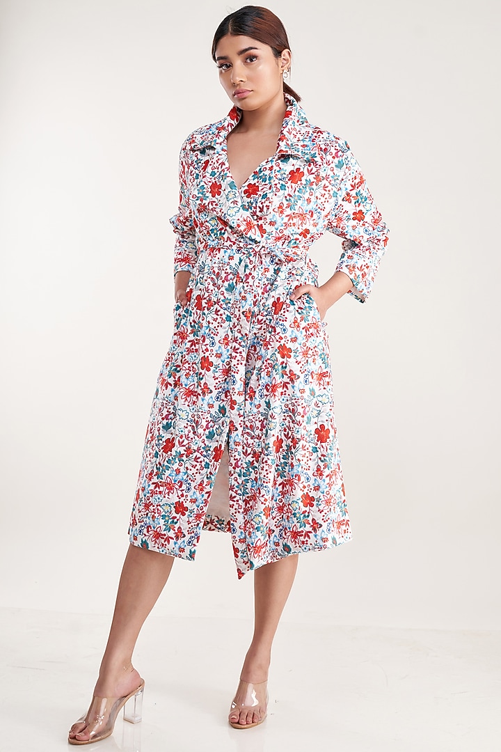 White Vegan Silk Suede Printed Trench Coat by Pooja Bagaria at Pernia's Pop Up Shop