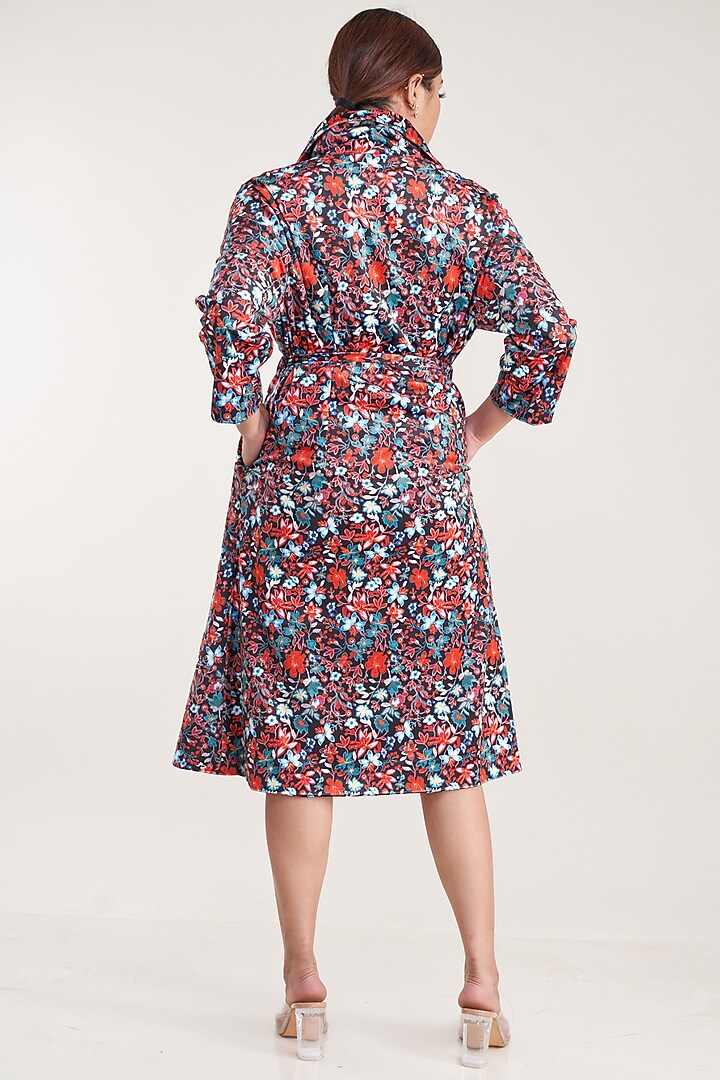Black Vegan Silk Suede Printed Trench Coat by Pooja Bagaria at Pernia's Pop Up Shop