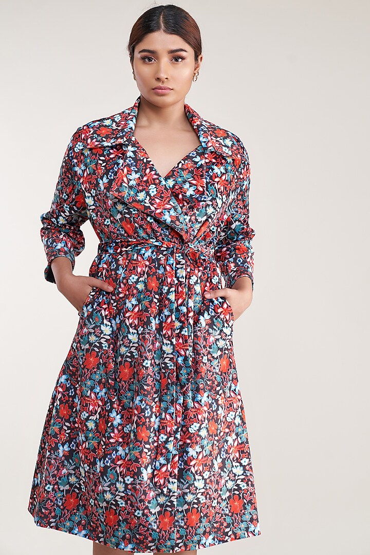 Black Vegan Silk Suede Printed Trench Coat by Pooja Bagaria at Pernia's Pop Up Shop