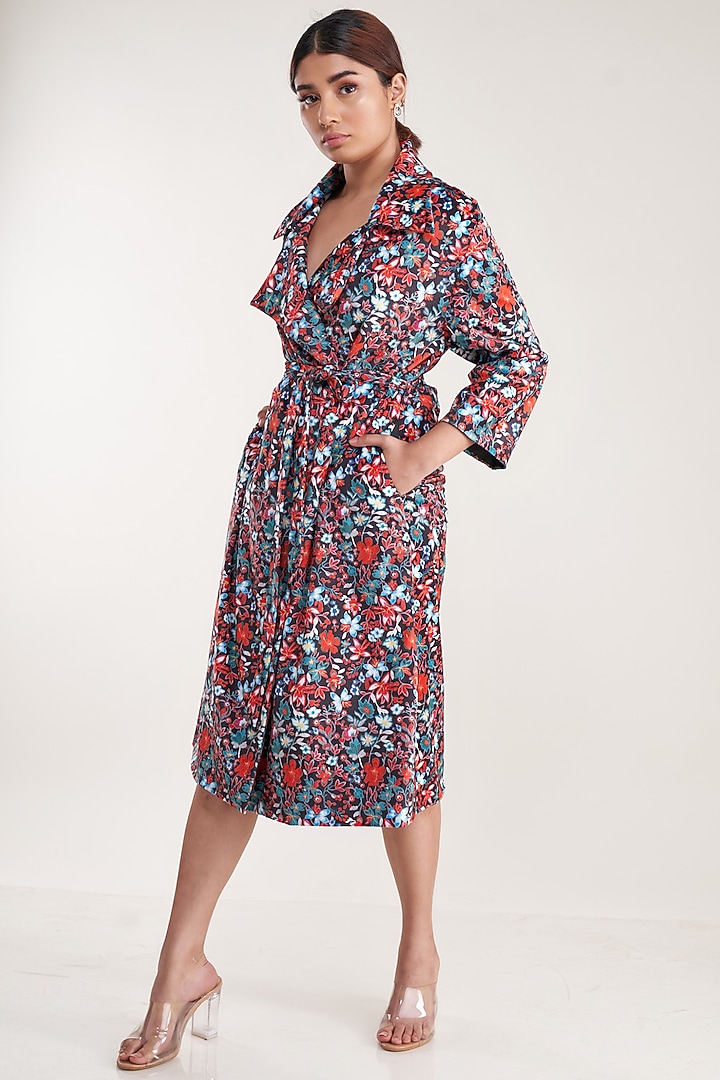 Black Vegan Silk Suede Printed Trench Coat by Pooja Bagaria at Pernia's Pop Up Shop