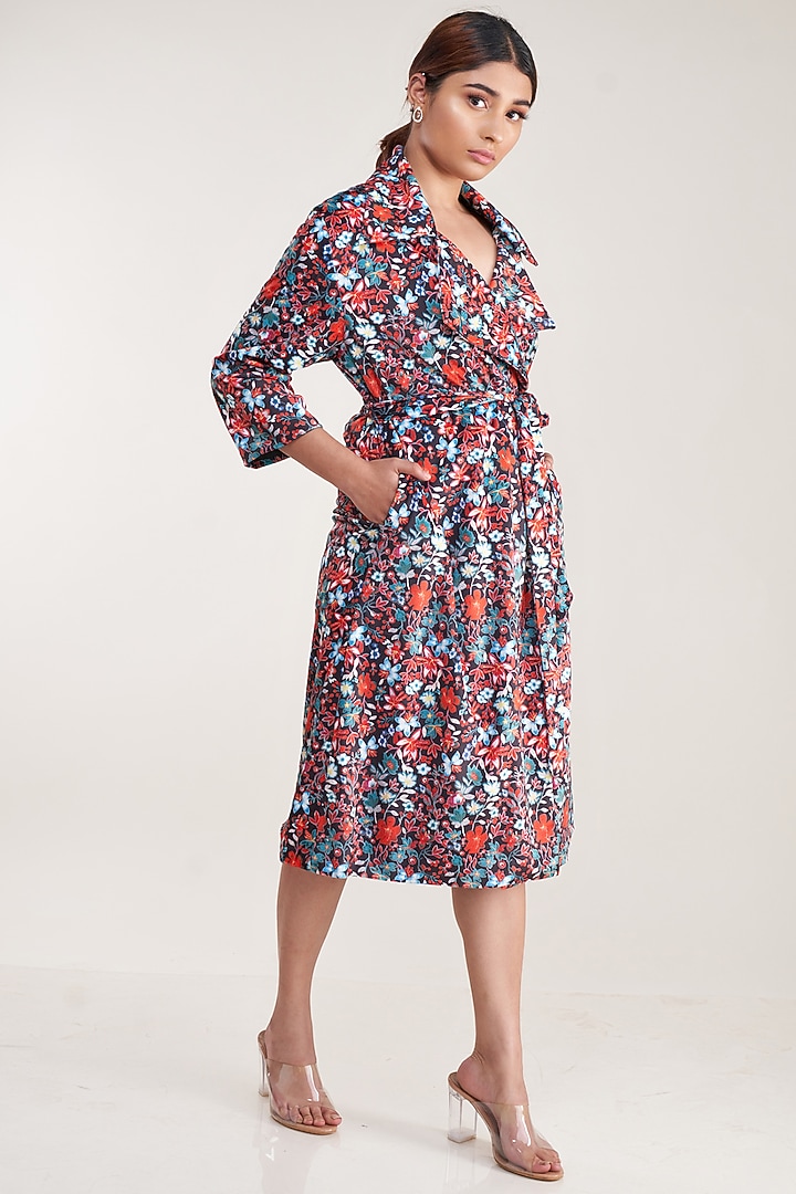 Black Vegan Silk Suede Printed Trench Coat by Pooja Bagaria at Pernia's Pop Up Shop