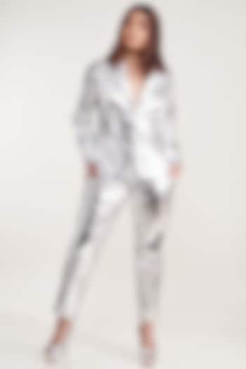 Silver Metallic PU Leather Pant Suit by Pooja Bagaria