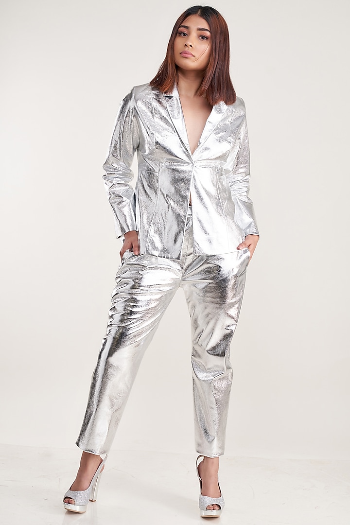Silver Metallic PU Leather Pant Suit by Pooja Bagaria