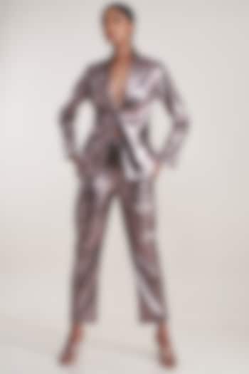 Grey Metallic PU Leather Pant Suit by Pooja Bagaria