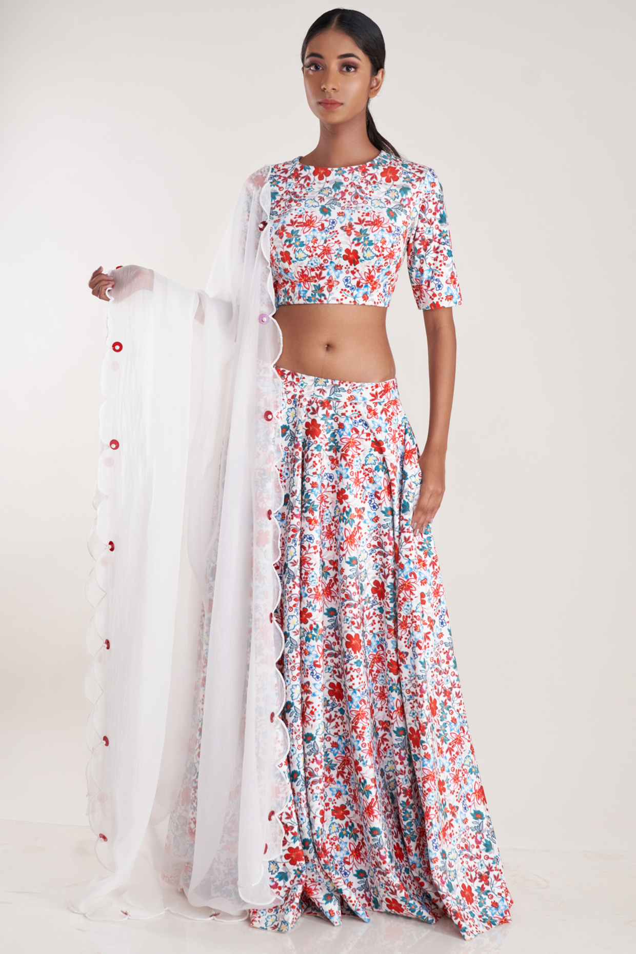 White Vegan Silk Suede Printed Lehenga Set by Pooja Bagaria