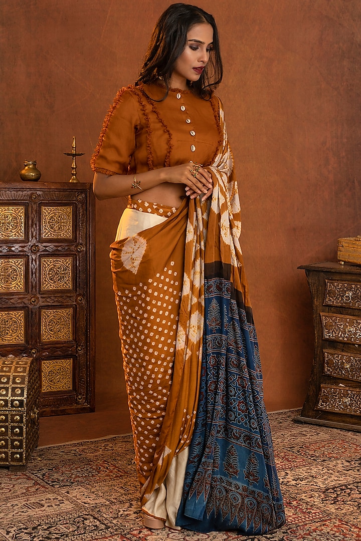 Gold Pre-Stitched Wrap Saree Set by Pooja Bagaria at Pernia's Pop Up Shop