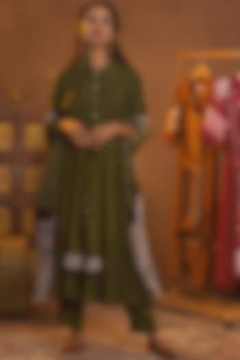 Olive Green Shirt Tunic Set With Ajrakh Dupatta by Pooja Bagaria at Pernia's Pop Up Shop