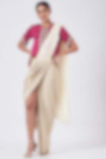 Off-White Crepe Draped Saree Set by Pooja Bagaria