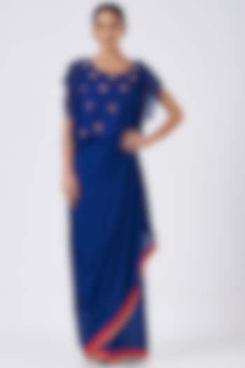 Blue Embroidered Draped Saree Set  by Pooja Bagaria
