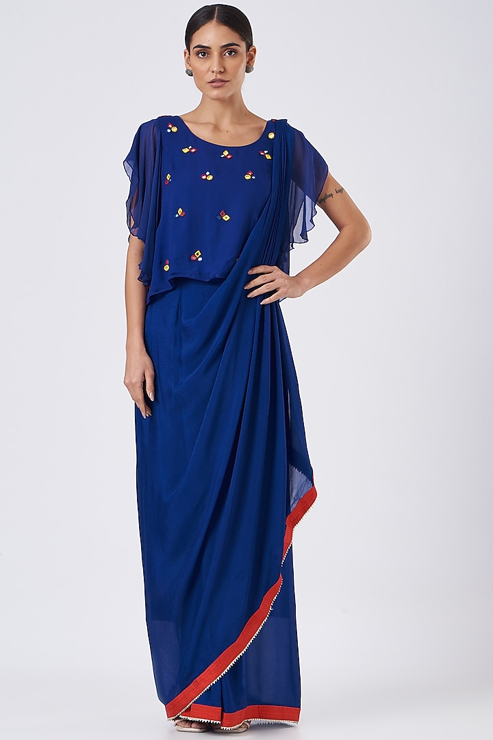 Blue Embroidered Draped Saree Set  by Pooja Bagaria