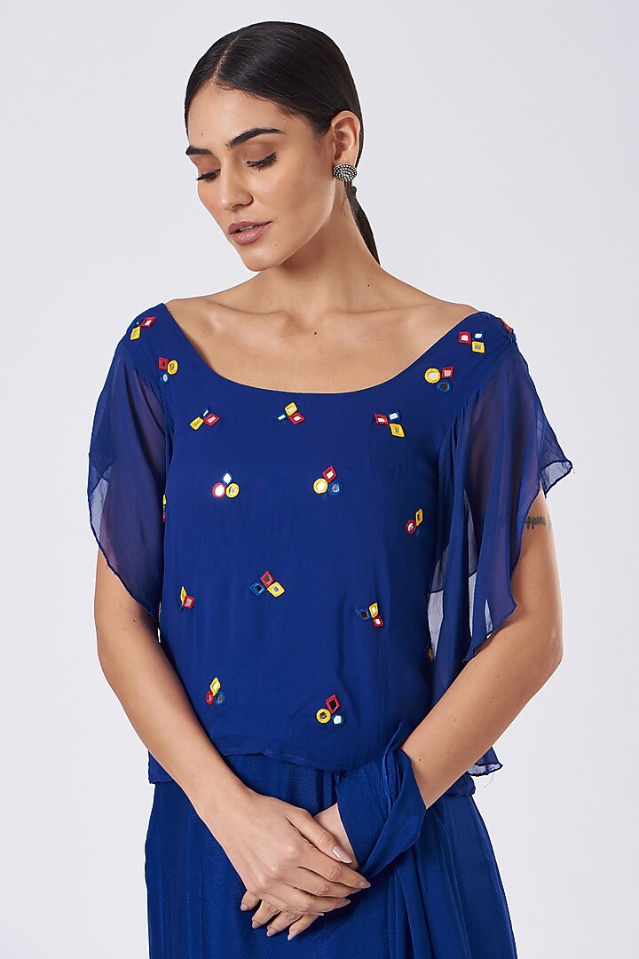 Blue Embroidered Draped Festive Saree Set  by Pooja Bagaria at Pernia's Pop Up Shop