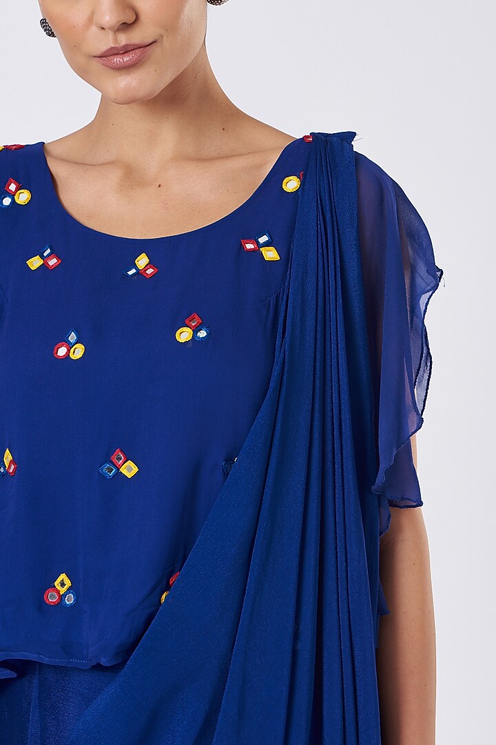 Blue Embroidered Draped Festive Saree Set  by Pooja Bagaria at Pernia's Pop Up Shop