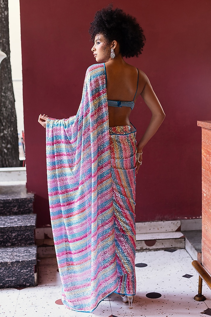 Blue Spandex Sequins Striped Pre-Stitched Wedding Saree Set by Pooja Bagaria at Pernia's Pop Up Shop