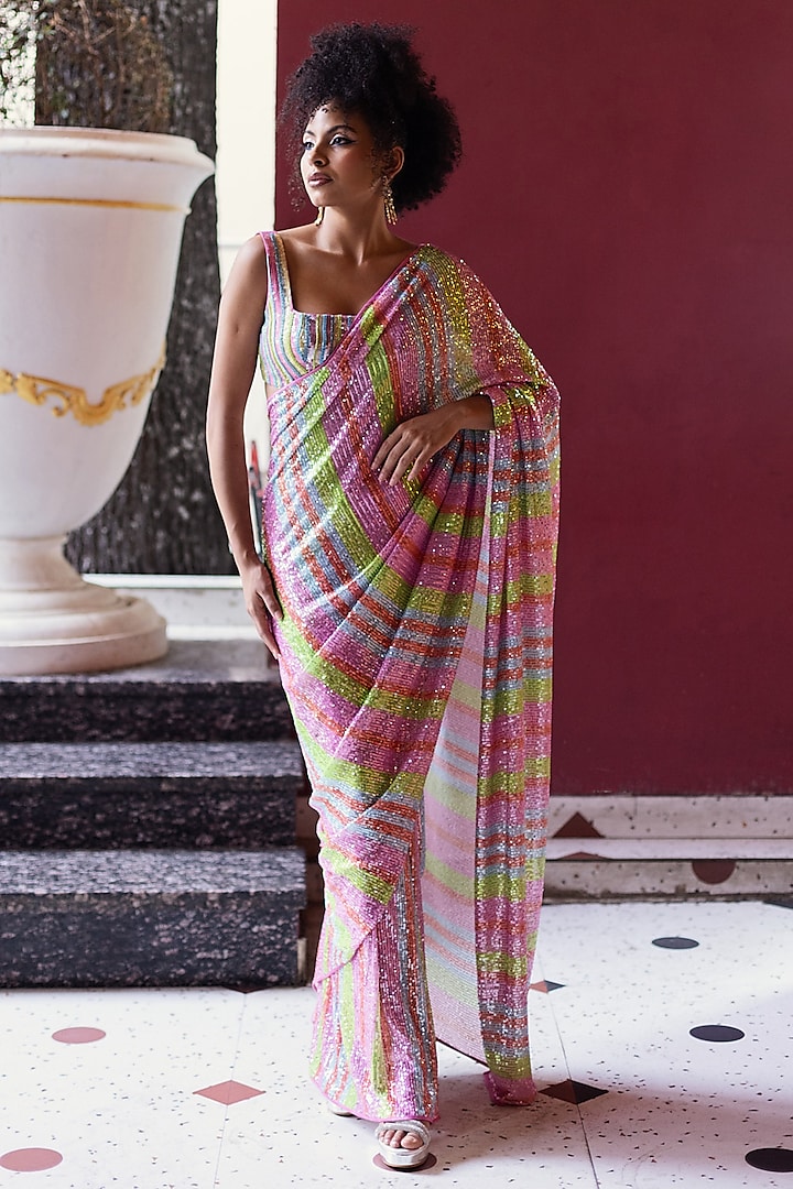 Pink Spandex Sequins Striped Pre-Stitched Saree Set by Pooja Bagaria at Pernia's Pop Up Shop