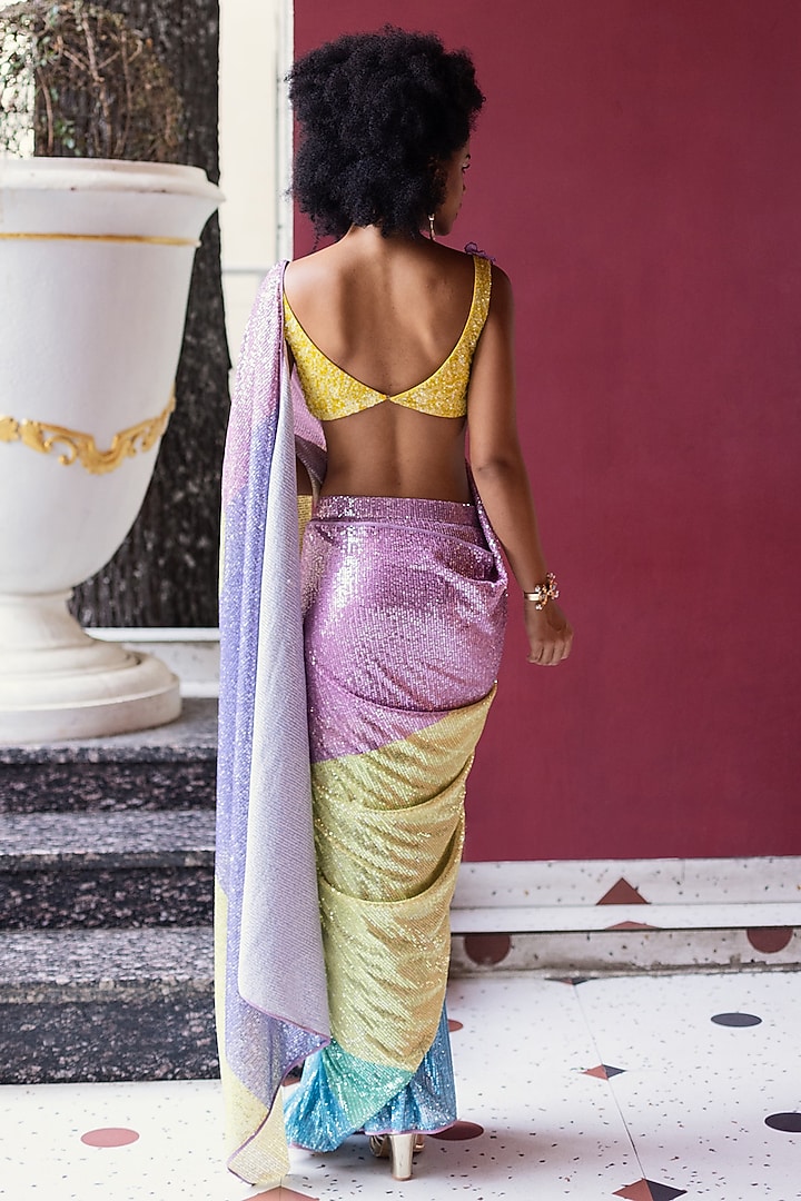 Pink Spandex Color Blocked Pre-Stitched Wedding Saree Set by Pooja Bagaria at Pernia's Pop Up Shop