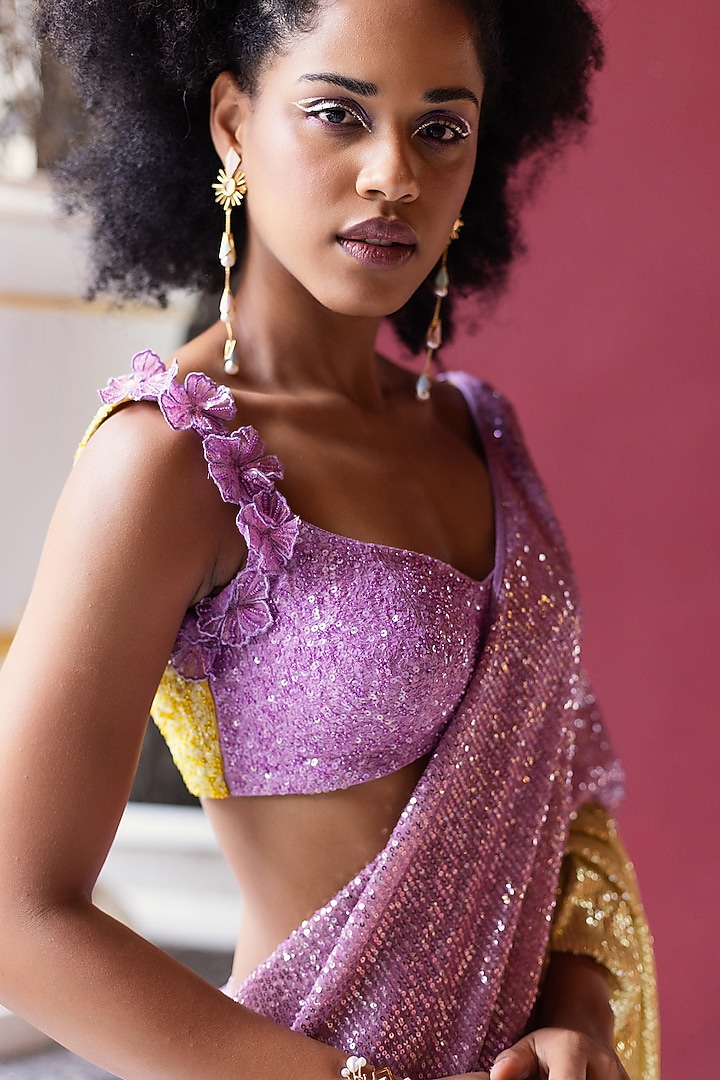 Pink Spandex Color Blocked Pre-Stitched Wedding Saree Set by Pooja Bagaria at Pernia's Pop Up Shop