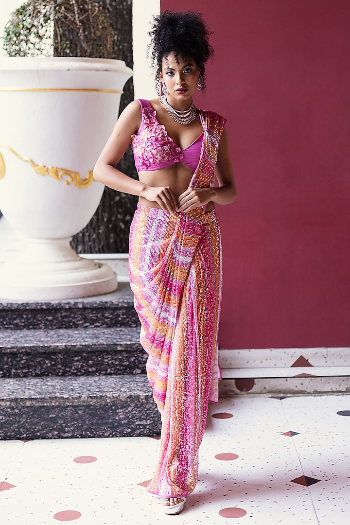 Orange & Pink Spandex Sequins Striped Pre-Stitched Saree Set by Pooja Bagaria