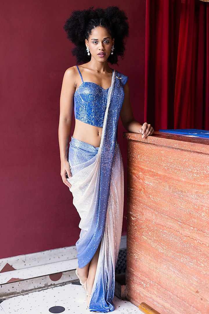 Azure Blue Ombre Spandex Sequins Draped Saree Set by Pooja Bagaria